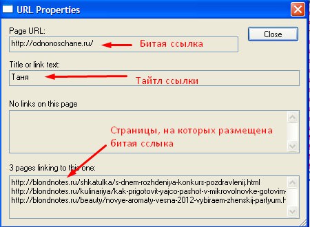 Битая ссылка Параметры битой ссылки