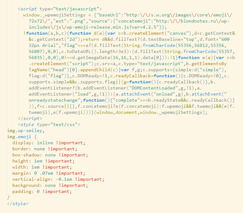Громоздкий html код, с inline скриптами и стилями в head - не лучший выбор для подключения html код, подключающий эмоции в вордпресс